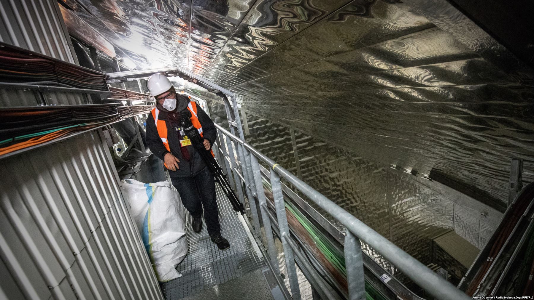 Chernobyl's New Safe Confinement (NSC) contains a labyrinth of passages, suspended walkways, and stairs. Elevators will be used in the future, but are still being installed and tested. Photo by: Andriy Dubchak