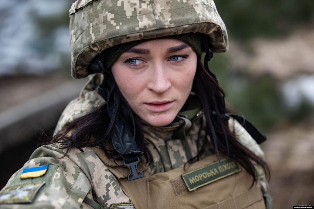 Oleksandra Bessmertnaya, a press officer for Ukraine's Marine Corps in Shyrokyne, March 2018. War photographer Andriy Dubchak